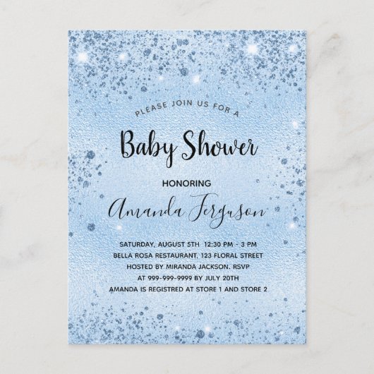 Baby shower lichtblauw metaal glitter uitnodiging briefkaart (Voorkant)