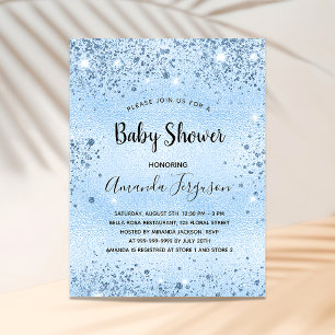 Baby shower lichtblauw metaal glitter uitnodiging briefkaart