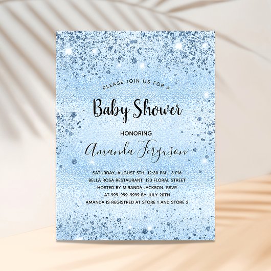 Baby shower lichtblauw metaal glitter uitnodiging briefkaart