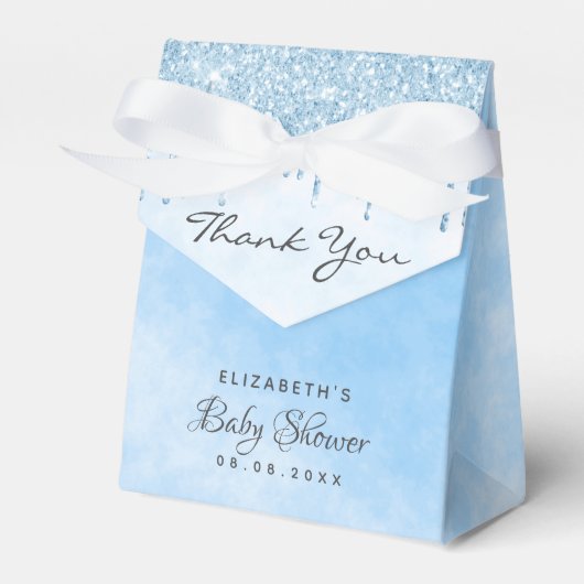 Baby shower lichtblauwe glitter drip jongen bedank bedankdoosjes (Voorkant Zijde)