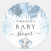Baby shower lichtblauwe glitter schattige olifant ronde sticker (Voorkant)