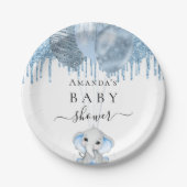 Baby shower lichtblauwe glitter witte olifant papieren bordje (Voorkant)
