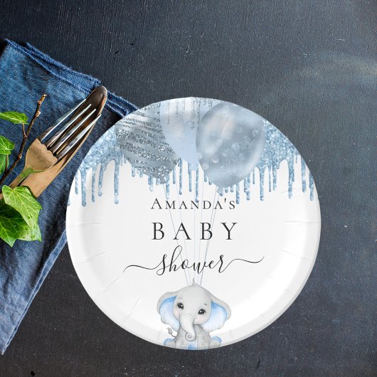 Baby shower lichtblauwe glitter witte olifant papieren bordje