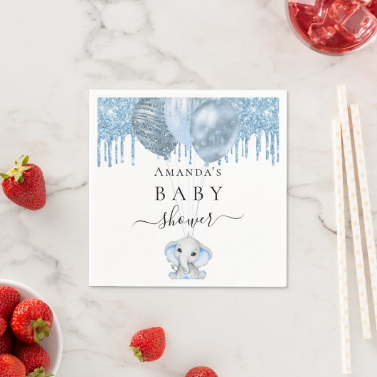 Baby shower lichtblauwe glitter witte olifant servet (Insitu)