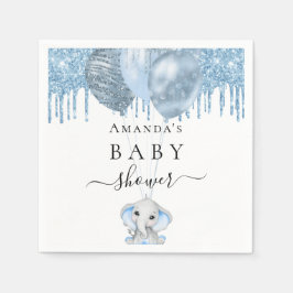 Baby shower lichtblauwe glitter witte olifant servet