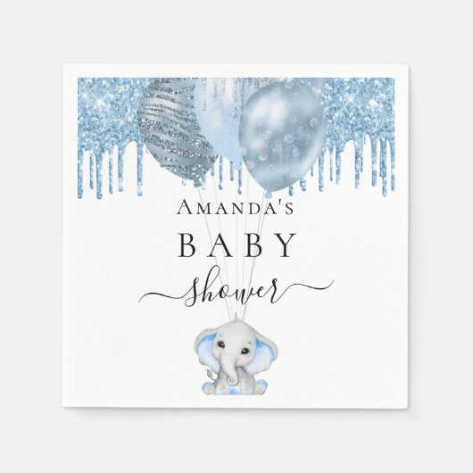 Baby shower lichtblauwe glitter witte olifant servet (Voorkant)