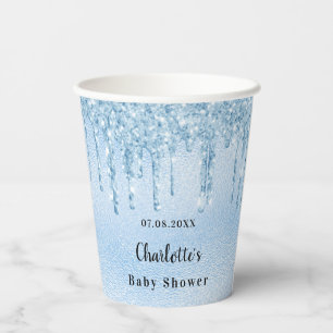 Baby shower lichtblauwe jongen glitter monogram papieren bekers