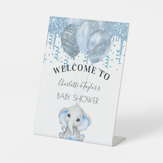 Baby shower lichtblauwe olifant ballon wit reclamebord met voetstuk (Voorkant)