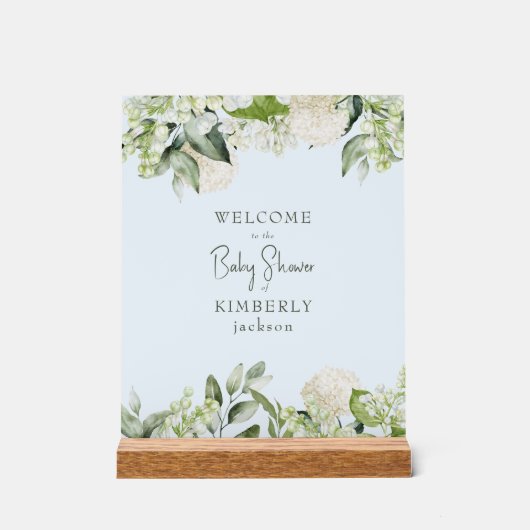 Baby Shower Lichtblauwe Witte Hydrangea Welkom Acryl Bord (Voorkant)