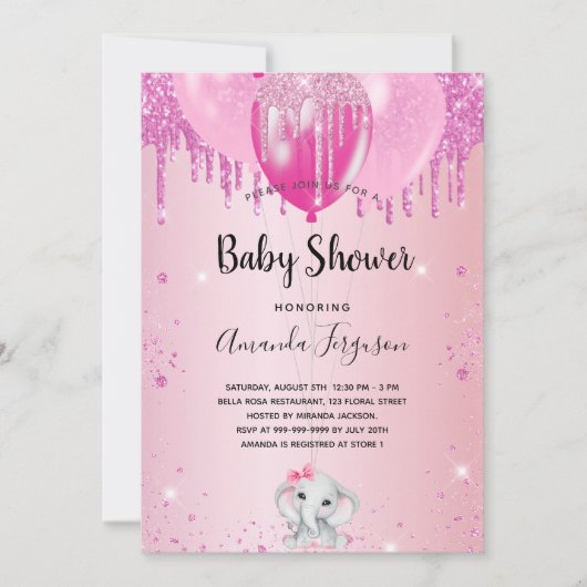 Baby shower lichtroze glitter ballonolifant kaart (Voorkant)