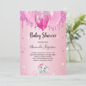 Baby shower lichtroze glitter ballonolifant kaart (Staand voorkant)