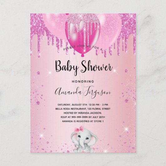 Baby shower lichtroze glitter ballonolifant uitnodiging briefkaart (Voorkant)