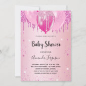 Baby shower lichtroze glitter stof ballon meisje kaart (Voorkant)