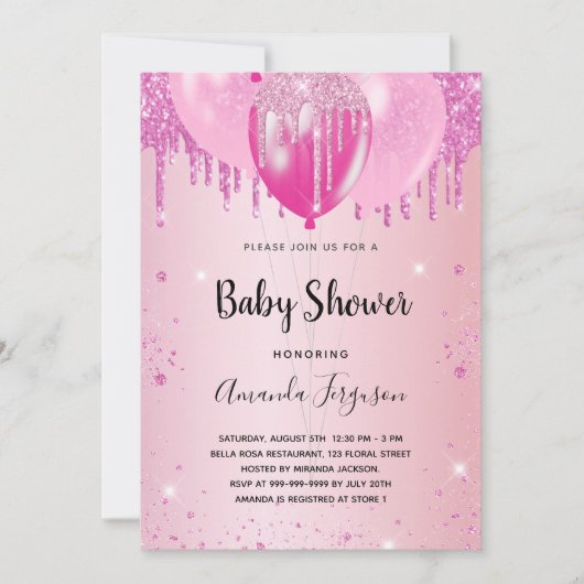 Baby shower lichtroze glitter stof ballon meisje kaart (Voorkant)