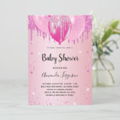Baby shower lichtroze glitter stof ballon meisje kaart (Staand voorkant)