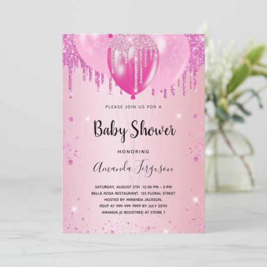 Baby shower lichtroze glitter stof ballon meisje kaart (Staand voorkant)