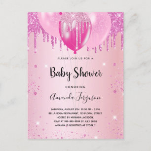 Baby shower lichtroze glitter stof ballon meisje uitnodiging briefkaart