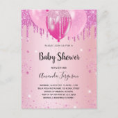 Baby shower lichtroze glitter stof ballon meisje uitnodiging briefkaart (Voorkant)