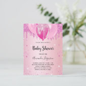 Baby shower lichtroze glitter stof ballon meisje uitnodiging briefkaart (Staand voorkant)