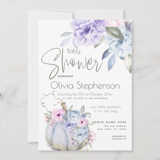 Baby shower Lila Blue Pumpkin Peony Floral Invita Kaart (Voorkant)