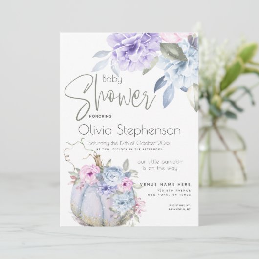 Baby shower Lila Blue Pumpkin Peony Floral Invita Kaart (Staand voorkant)