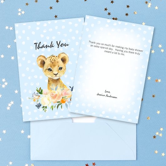 Baby shower Lion Cub Floral Blue Dank u Bedankkaart