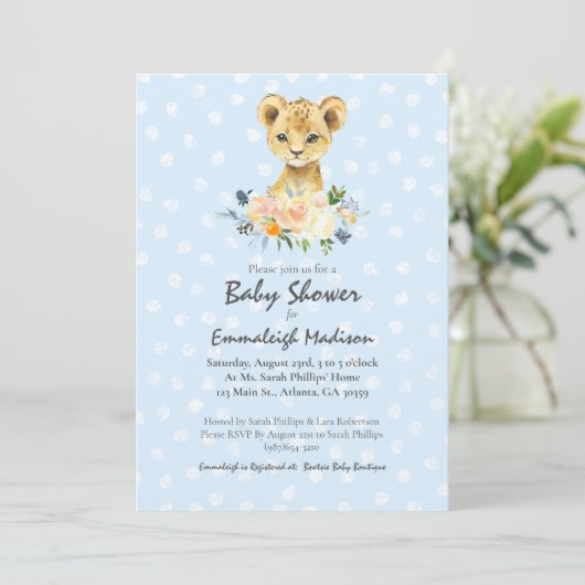 Baby shower Lion Cub Floral Blue Kaart (Staand voorkant)