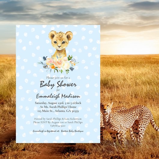 Baby shower Lion Cub Floral Blue Kaart
