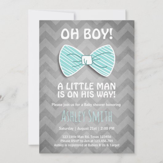 Baby shower Little Man Invitation Bow Stropdas Bla Kaart (Voorkant)