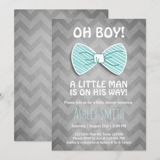 Baby shower Little Man Invitation Bow Stropdas Bla Kaart (Voorkant / Achterkant)