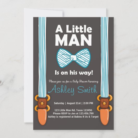 Baby shower Little Man Invitation Bow Stropdas Bla Kaart (Voorkant)