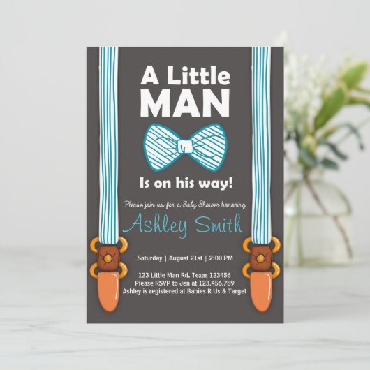 Baby shower Little Man Invitation Bow Stropdas Bla Kaart (Staand voorkant)