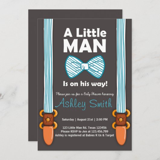 Baby shower Little Man Invitation Bow Stropdas Bla Kaart (Voorkant / Achterkant)