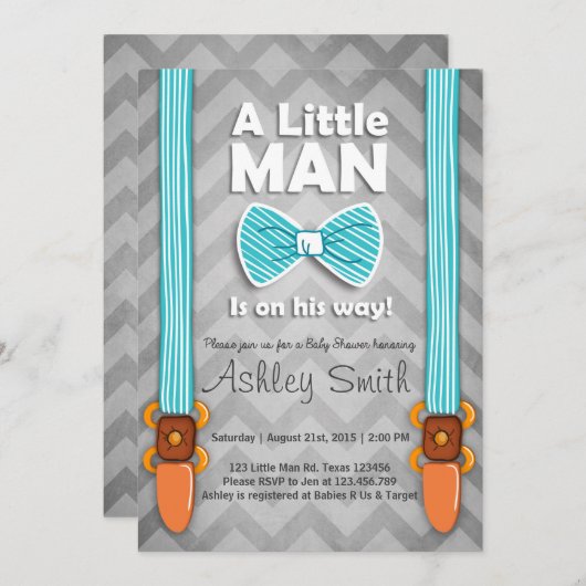 Baby shower Little Man Invitation Bow Stropdas Bla Kaart (Voorkant / Achterkant)