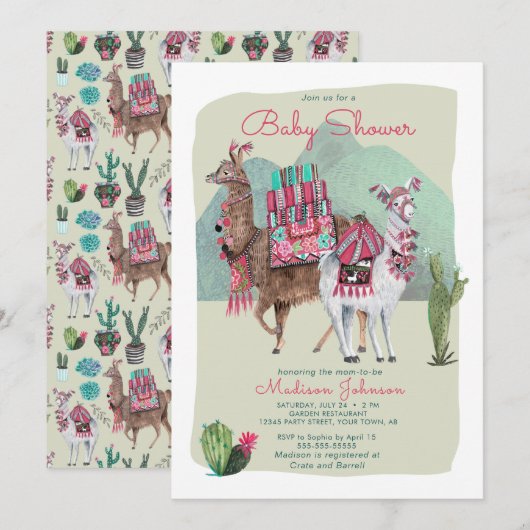 Baby Shower | Llama's & Cactus | Uitnodigingen (Voorkant / Achterkant)