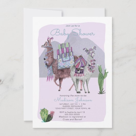 Baby Shower | Llamas en Cactus | Lila uitnodiginge Kaart (Voorkant)