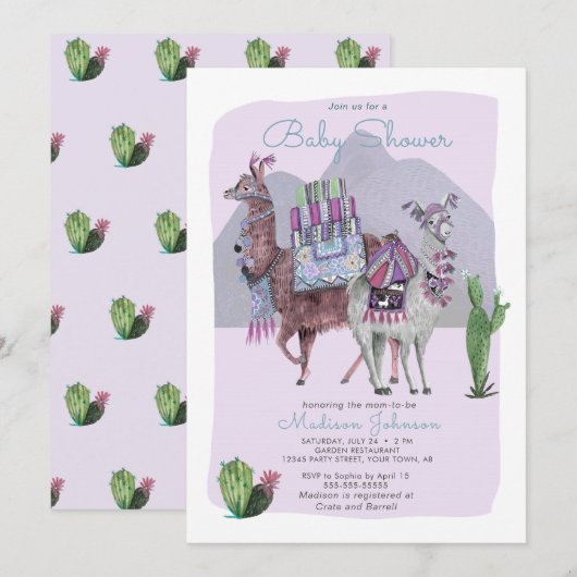 Baby Shower | Llamas en Cactus | Lila uitnodiginge Kaart (Voorkant / Achterkant)