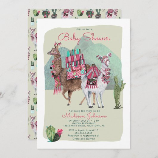 Baby Shower | Llamas en Cactus | Uitnodigingen (Voorkant / Achterkant)