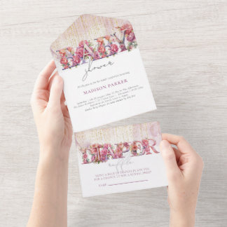 Baby shower & Luier Raffle Floral Pink Gold All In One Uitnodiging