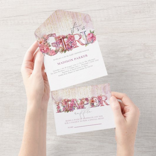 Baby shower & Luier Raffle Het is een Meisje All In One Uitnodiging (Afscheurbaar)