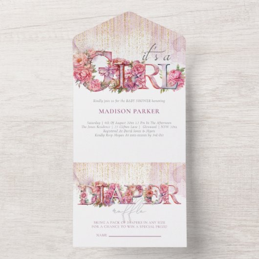 Baby shower & Luier Raffle Het is een Meisje All In One Uitnodiging (Binnen)