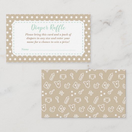 Baby shower Luier Raffle Kaart | Munt en tan (Voorkant / Achterkant)