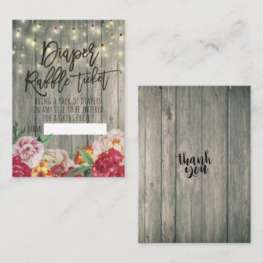 Baby shower luier Raffle Ticket Flower Wood Light Informatiekaartje (Voorkant / Achterkant)