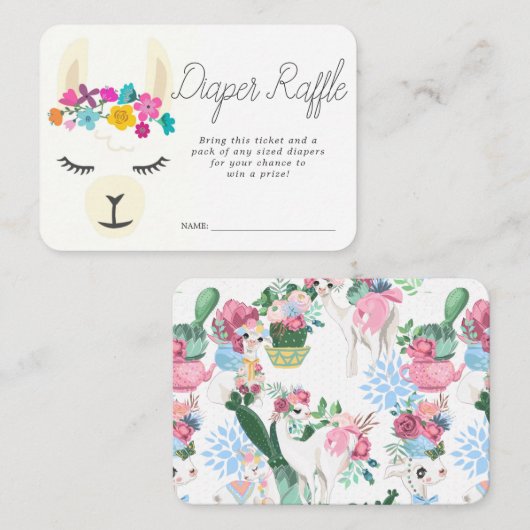 Baby shower Luier Raffle Ticket | Llama Informatiekaartje (Voorkant / Achterkant)