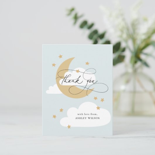 Baby shower Maan en Stars Matte Blue Script Bedankkaart (Staand voorkant)