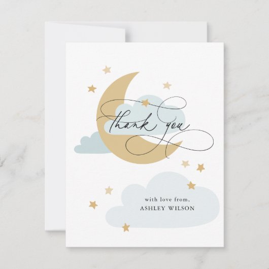 Baby shower Maan en Stars Matte Blue Script Bedankkaart (Voorkant)