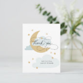 Baby shower Maan en Stars Matte Blue Script Bedankkaart (Staand voorkant)