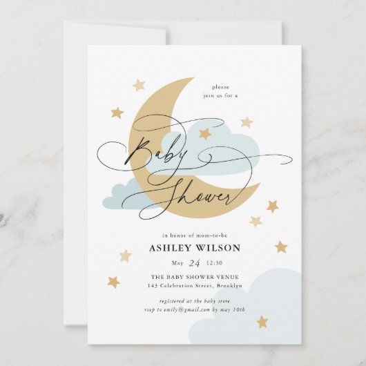 Baby shower Maan en Stars Matte Blue Script Kaart (Voorkant)