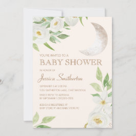 Baby Shower Maan Wit Bloemmotief Groene Bladeren Kaart