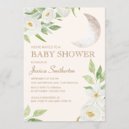 Baby Shower Maan Wit Bloemmotief Groene Bladeren Kaart
